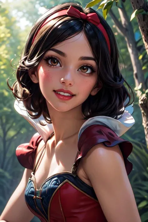 (masterpiece:1.2), (best quality), (ultra detailed), (8k, 4k, intricate),(full-body-shot:1.2),(cowboy:1.2),(highly detailed:1.2),(detailed face:1.2), (detailed background),(portrait),detailed landscape,(dynamic pose:1.2),<lora:more_details:0.5><lora:blancanieves:0.7> snowwhite 1girl,mediun breats, solo, looking at viewer, smile, short hair, shirt, black hair, bow, holding, brown eyes, upper body, hair bow, hairband, red bow, forest background