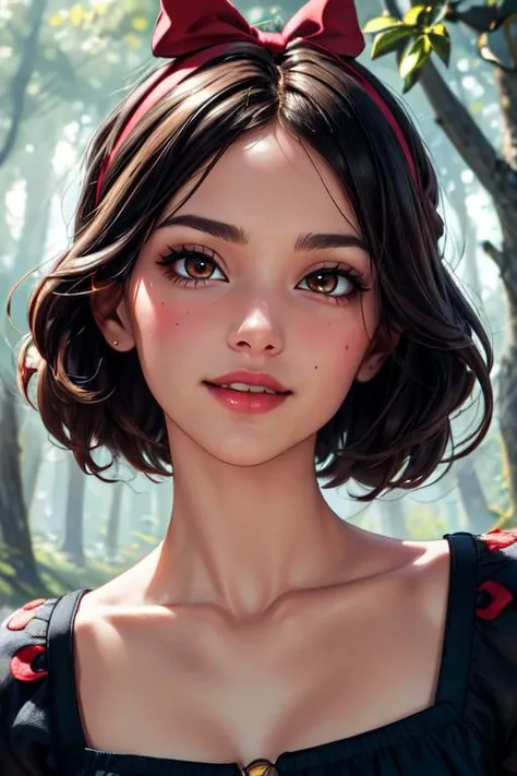 (masterpiece:1.2), (best quality), (ultra detailed), (8k, 4k, intricate),(full-body-shot:1.2),(cowboy:1.2),(highly detailed:1.2),(detailed face:1.2), (detailed background),(portrait),detailed landscape,(dynamic pose:1.2),<lora:more_details:0.5><lora:blancanieves:0.7> snowwhite 1girl, solo, looking at viewer, smile, short hair, shirt, black hair, bow, holding, brown eyes, upper body, hair bow, hairband, red bow, forest background