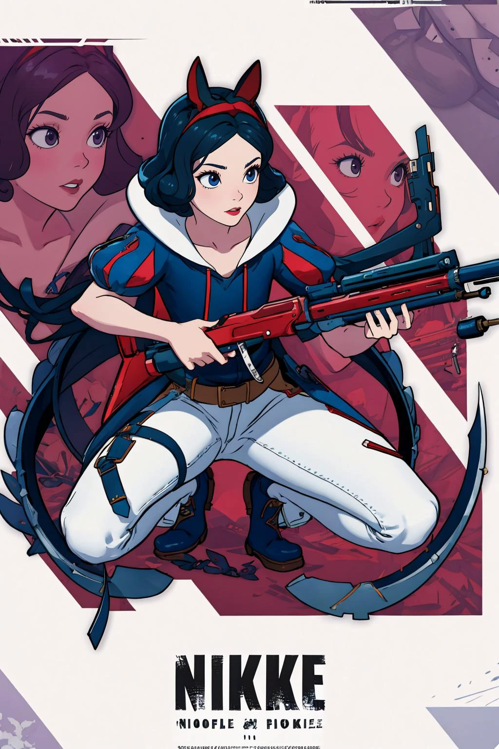 masterpiece, best quality, <lora:NikkeProfile:.95> IncrsNikkeProfile, full body, zoom layer, holding weapon, holding gun, one knee <lora:blancanievesV2:0.8> snowwhite