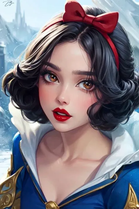 (masterpiece:1.2), (best quality), (ultra detailed), (8k, 4k, intricate),(full-body-shot:1), (highly detailed:1.2),(detailed face:1.2), (detailed background),detailed landscape, (dynamic angle:1.2), (dynamic pose:1.2), <lora:blancanieves:0.7>snowwhite, 1girl, solo, looking at viewer, short hair, black hair, dress, bow, brown eyes, hair bow, hairband, puffy sleeves, signature, red bow, eyelashes, makeup, blue dress, lipstick, red hairband, red lips <lora:more_details:0.5>