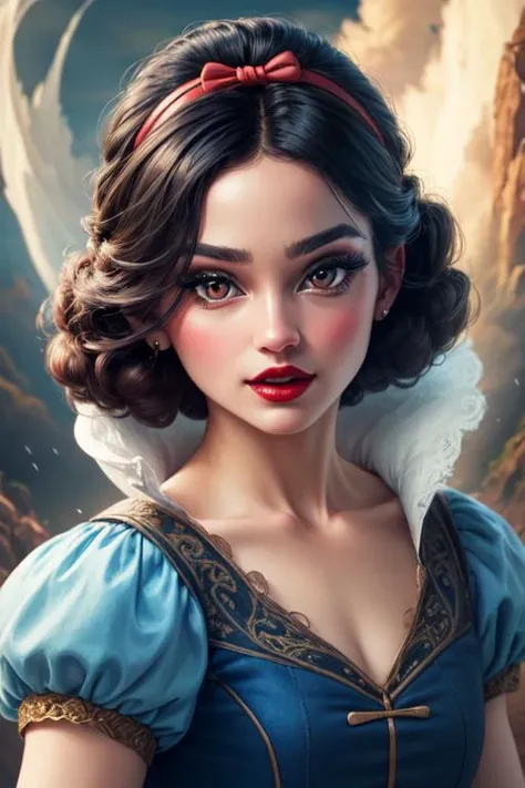 (masterpiece:1.2), (best quality), (ultra detailed), (8k, 4k, intricate),(full-body-shot:1), (highly detailed:1.2),(detailed face:1.2), (detailed background),detailed landscape, (dynamic angle:1.2), (dynamic pose:1.2), <lora:blancanieves:0.7>snowwhite, 1girl, solo, looking at viewer, short hair, black hair, dress, bow, brown eyes, hair bow, hairband, puffy sleeves, signature, red bow, eyelashes, makeup, blue dress, lipstick, red hairband, red lips <lora:more_details:0.5>
