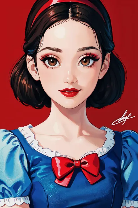 snowwhite,
(best quality, masterpiece, RAW photo,ultra-detailed:1.2), <lyco:GoodHands-beta2:1.0>,1girl,solo,looking at viewer, smile, <lyco:blancanieves:0.4>
black hair, dress, bow, brown eyes, hair bow, hairband, puffy sleeves, signature, red bow, eyelashes, makeup, blue dress, lipstick, red hairband, red lips