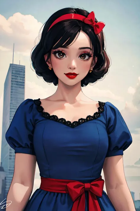 snowwhite,
(best quality, masterpiece, RAW photo,ultra-detailed:1.2), <lyco:GoodHands-beta2:1.0>,1girl,solo,looking at viewer, smile, <lyco:blancanieves:0.4>
black hair, dress, bow, brown eyes, hair bow, hairband, puffy sleeves, signature, red bow, eyelashes, makeup, blue dress, lipstick, red hairband, red lips, large breasts, from below, mini skirt,