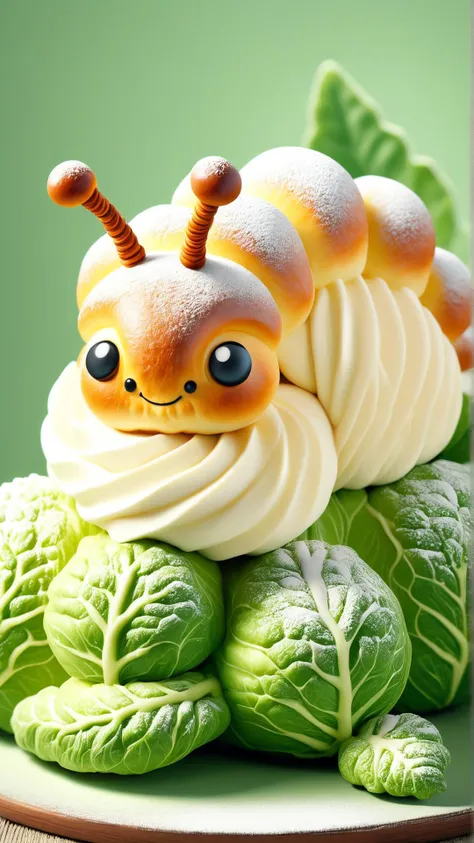 <lora:SemlaStyleXL:1>SemlaStyle fuzzy caterpillar munching on the leaf of a cabbage plant, made out of semla, (Masterpiece:1.3) (best quality:1.2) (high quality:1.1)