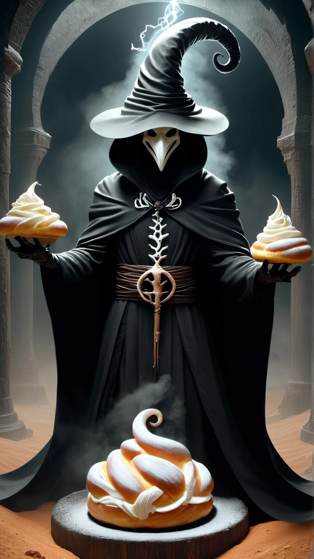 <lora:SemlaStyleXL:1>SemlaStyle (style-swirlmagic:0.8), portrait, solo, half shot, looking down, detailed background, detailed face, (arid desert middle-eastern theme:1.1) venom-mage, seared plague doctor robes, sinister grin, dynamic pose, poison swirling in the air, glowing poisonous markings on body, poisonous symbols, floating particles, emanating corrosive fog, witch hut in background, fantasy atmosphere,, made out of semla, (Masterpiece:1.3) (best quality:1.2) (high quality:1.1)