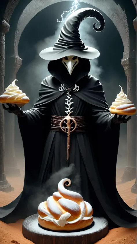 <lora:SemlaStyleXL:1>SemlaStyle (style-swirlmagic:0.8), portrait, solo, half shot, looking down, detailed background, detailed face, (arid desert middle-eastern theme:1.1) venom-mage, seared plague doctor robes,  sinister grin, dynamic pose,         poison swirling in the air,  glowing poisonous markings on body,  poisonous symbols,  floating particles,  emanating  corrosive fog, witch hut in background,  fantasy atmosphere,, made out of semla, (Masterpiece:1.3) (best quality:1.2) (high quality:1.1)