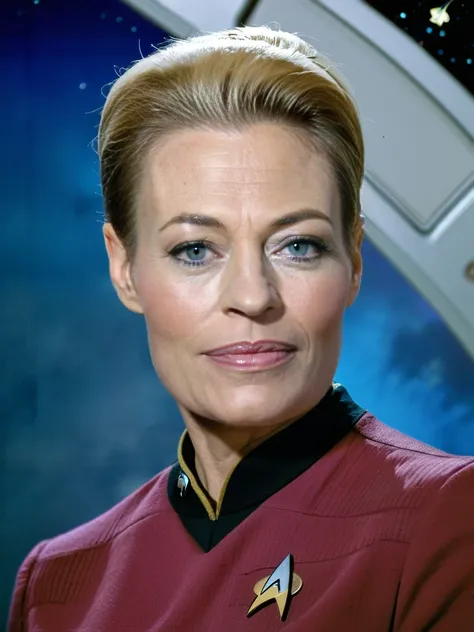 JeriR07, (upper body portrait) photo of a 45yo blonde woman posing as 7of9 from Star Trek, everything (combed behind:1.2) to a French Twist haircut, (detailed skin:1.2), dimpels, (freckles:0.2), skin imperfections, skin texture, (wearing a Star Trek starfleet uniform:1.3), ID card photo, starfleet banner in background, <lora:JeriR07_SDXL:0.95>, <lora:StarTrekTNG-v7:0.5>