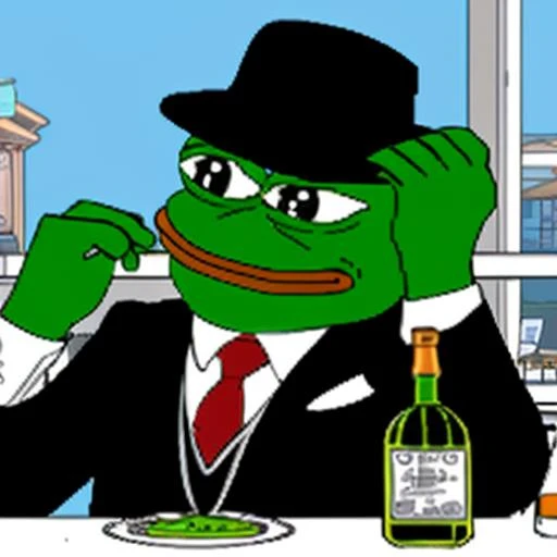 a photo of pepefrog dressed like a 1930s gangster in an expensive restaurant with a bottle of whiskey on the table