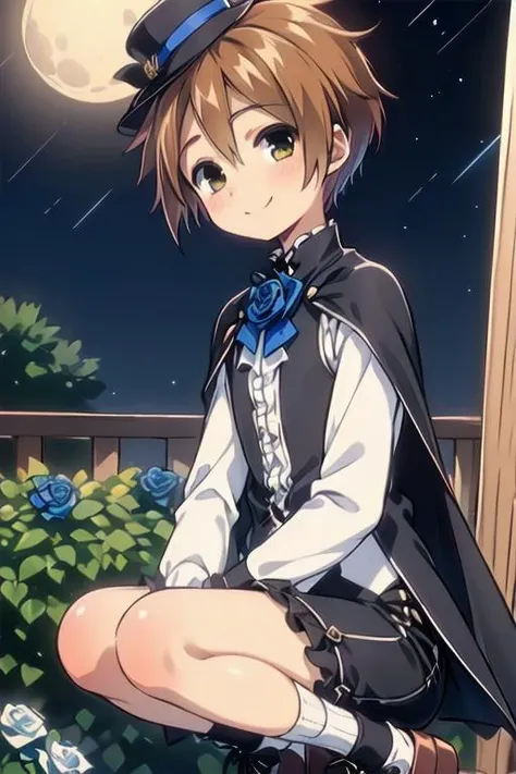 fully clothed, (masterpiece, best quality:1.2), perfect anatomy, (1boy, solo:1.2), (full body straight on:1), (long Sleeves with Layered Flounce Gothic Beige Blouse cascading ruffle accents, high neck Jabot Collar, Black and Dark Blue Shorts with Overlay, Blue Lace-up Closure Blazer long pointed Collar Waistcoat ruffle trimmed silver tone button Lace-up Structured Ruffles, Black Irregular Hemline Cape Crow, Black and Blue Roses Flat Hat with Black and Dark Blue Bowknot Brooch:1.2), (night stars full moon, outside blue rose garden landscape), eye contact looking at viewer, happy smile, beautiful eyes, nose blush, shiny skin, adorable face, <lora:boku no chico ova-lora-nochekaiser:1> chico, short hair, (brown hair), (brown eyes:1.5), petite, volumetric lighting, (flat chest:1)