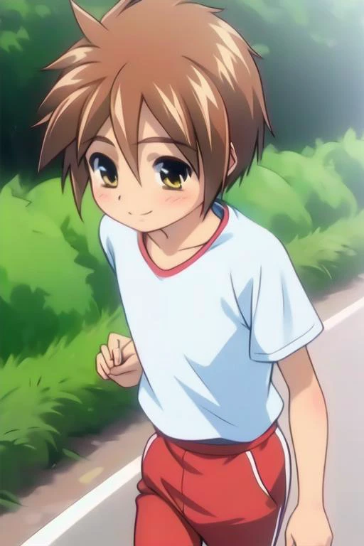 fully clothed, (masterpiece, best quality:1.2), perfect anatomy, (1boy, solo:1.2), (establishing shot straight on from above:1), (white track shirt, red track pants:1.2), outside, track field, running, eye contact looking at viewer, happy smile, beautiful eyes, nose blush, shiny skin, adorable face, <lora:boku no chico ova-lora-nochekaiser:1> chico, short hair, (brown hair), (brown eyes:1.5), petite, volumetric lighting, (flat chest:1)