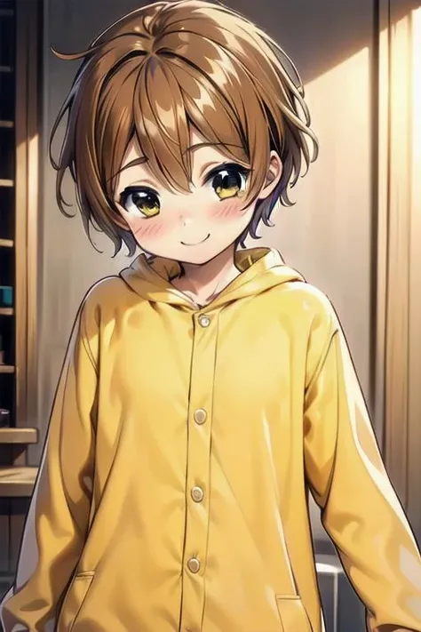 fully clothed, (masterpiece, best quality:1.2), perfect anatomy, (1boy, solo:1.2), (medium shot straight on:1), (green dinosaur onesie:1), on bed, bedroom, eye contact looking at viewer, happy smile, beautiful eyes, nose blush, shiny skin, adorable face, <lora:boku no chico ova-lora-nochekaiser:0.8> chico, short hair, (brown hair), (brown eyes:1.5), petite, volumetric lighting, (flat chest:1),  <lora:Onesie:0.8> onesie