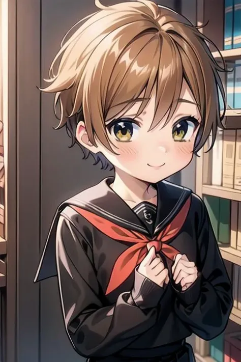 fully clothed, (masterpiece, best quality:1.2), perfect anatomy, (1boy, solo:1.2), (full shot from behind:1), (red neckerchief, long black sleeves, black serafuku, black sailor uniform, black sailor collar, long black skirt:1.2), library, bookshelf, holding book, standing, eye contact look back looking at viewer, happy smile, beautiful eyes, nose blush, shiny skin, adorable face, <lora:boku no chico ova-lora-nochekaiser:1> chico, short hair, (brown hair), (brown eyes:1.5), petite, volumetric lighting, (flat chest:1)