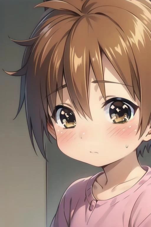(masterpiece, best quality:1.2), perfect anatomy, (1boy, solo:1), straight on looking at viewer, nose blush, shiny skin, adorable face,  <lora:boku no chico ova-lora-nochekaiser:0.8> chico, short hair, brown hair, (brown eyes:1.5)