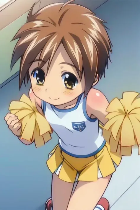 fully clothed, (masterpiece, best quality:1.2), perfect anatomy, (1boy, solo:1.2), (full shot from behind from above:1), (yellow cheerleader uniform, yellow skirt, yellow pompoms:1.2), track field, cheering, bookshelf, eye contact look back looking at viewer, happy smile, beautiful eyes, nose blush, shiny skin, adorable face, <lora:boku no chico ova-lora-nochekaiser:1> chico, short hair, (brown hair), (brown eyes:1.5), petite, volumetric lighting, (flat chest:1)
