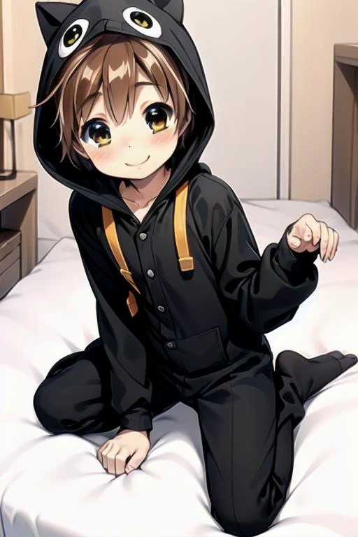 fully clothed, (masterpiece, best quality:1.2), perfect anatomy, (1boy, solo:1.2), (medium shot straight on:1), (cute black cat onesie:1), hood up, sitting on bed, bedroom, black cat tail, paw pose, eye contact looking at viewer, happy smile, beautiful eyes, nose blush, shiny skin, adorable face, <lora:boku no chico ova-lora-nochekaiser:1> chico, short hair, (brown hair), (brown eyes:1.5), petite, volumetric lighting, (flat chest:1), <lora:Onesie:0.8> onesie
