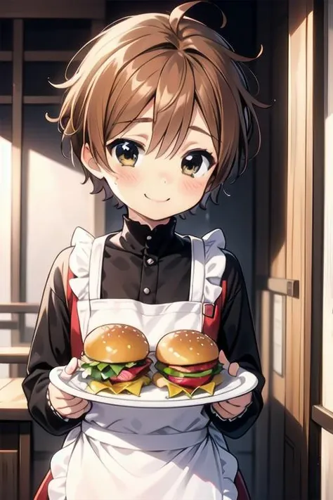 fully clothed, (masterpiece, best quality:1.2), perfect anatomy, (1boy, solo:1.2), (establishing shot straight on from below:1), (red waitress outfit, white apron, holding platter with burgers:1.2), inside restaurant, eye contact looking at viewer, happy smile, beautiful eyes, nose blush, shiny skin, adorable face, <lora:boku no chico ova-lora-nochekaiser:1> chico, short hair, (brown hair), (brown eyes:1.5), petite, volumetric lighting, (flat chest:1)