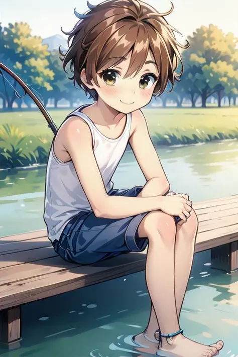 (masterpiece, best quality:1.2), perfect anatomy, (1boy, solo:1), full shot looking at viewer, sitting on dock, feet water, fishing, fishing pole, closed mouth happy smile, nose blush, shiny skin, adorable face, <lora:boku no chico ova-lora-nochekaiser:0.8> chico, short hair, brown hair, (brown eyes:1.5)