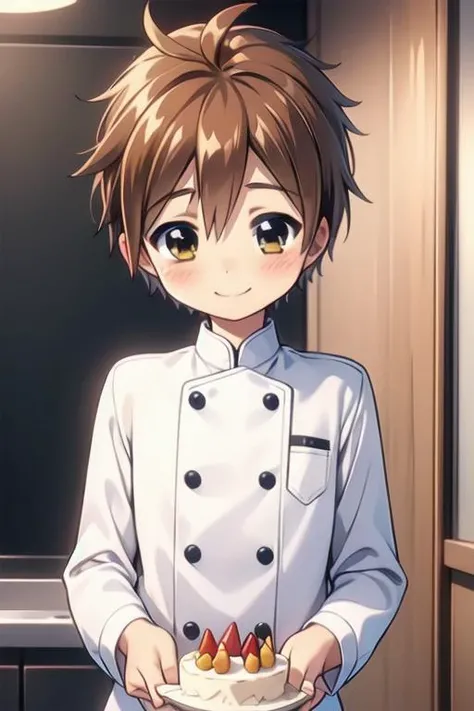 fully clothed, (masterpiece, best quality:1.2), perfect anatomy, (1boy, solo:1.2), (medium shot straight on:1), (long sleeve white chef's uniform:1.2), chef's hat, kitchen, icing a cake, standing, eye contact looking at viewer, happy smile, beautiful eyes, nose blush, shiny skin, adorable face, <lora:boku no chico ova-lora-nochekaiser:1> chico, short hair, (brown hair), (brown eyes:1.5), petite, volumetric lighting, (flat chest:1)