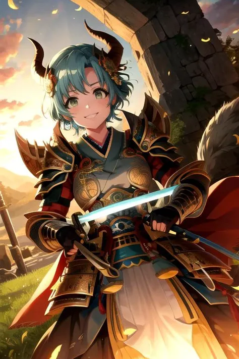 <lora:TowaHanamaki-04:0.8>, towahanamaki, looking at viewer, smile, holding, weapon, horns, sword, holding weapon, armor, holding sword, katana, grass, demon horns, japanese armor