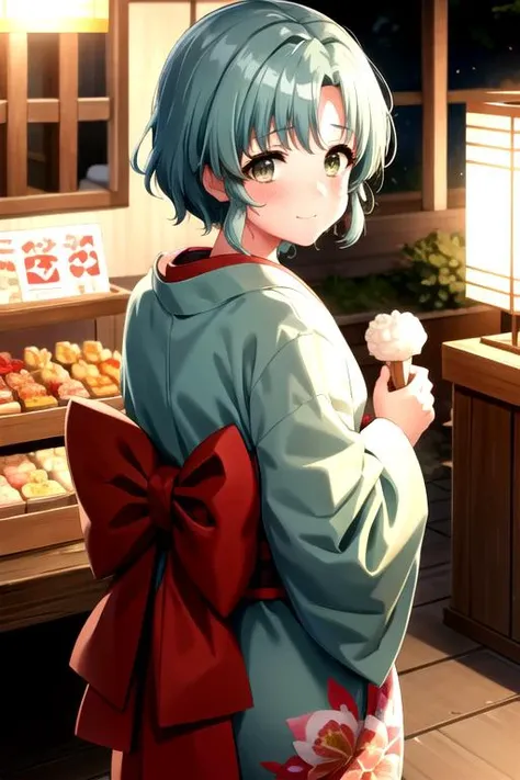 <lora:TowaHanamaki-04:0.8>, towahanamaki, looking at viewer, blush, long sleeves, bow, holding, closed mouth, food, japanese clothes, green hair, looking back, wide sleeves, kimono, bag, sash, sparkle, obi, eating, floral print, stuffed toy, stuffed animal, holding food, teddy bear, yukata, lantern, :t, food on face, back bow, print kimono, candy apple, festival, orange kimono, summer festival, food stand