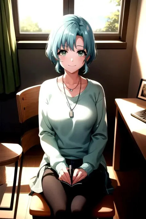 <lora:TowaHanamaki-04:0.8>, towahanamaki, smile, shirt, long sleeves,jewelry, sitting, closed mouth, collarbone, indoors, necklace, window, sparkle, chair, table, lens flare, desk, pen