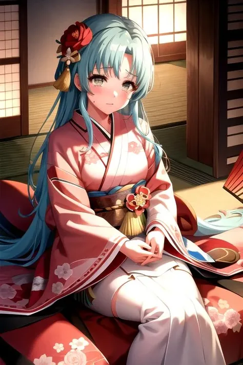 <lora:TowaHanamaki-04:0.8>, towahanamaki, long hair, looking at viewer, blush, hair ornament, long sleeves, holding, sitting, very long hair, flower, japanese clothes, indoors, tears, hair flower, wide sleeves, kimono, petals, rose, floral print, red flower, tassel, hand fan, red rose, red kimono, holding fan