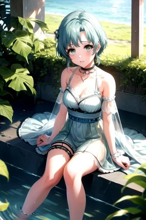 <lora:TowaHanamaki-04:0.8>, towahanamaki, looking at viewer, hair ornament, dress, ribbon, bare shoulders, jewelry, sitting, collarbone, green hair, barefoot, choker, water, see-through, plant, fountain