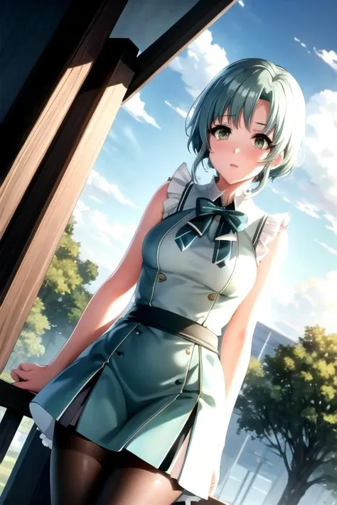 <lora:TowaHanamaki-04:0.8>, towahanamaki, looking at viewer, skirt, dress, standing, pantyhose, cowboy shot, outdoors, parted lips, green hair, sky, sleeveless, shiny, cloud, white dress, shiny hair, dutch angle, capelet, sleeveless dress, short dress, cloudy sky