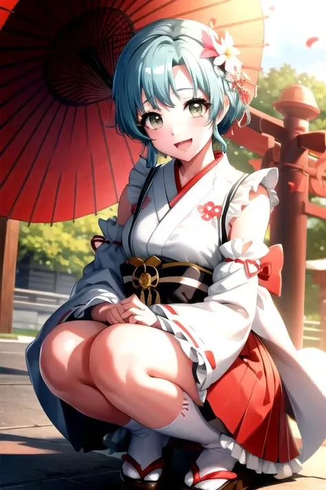<lora:TowaHanamaki-04:0.8>, towahanamaki, looking at viewer, smile, open mouth, skirt, hair ornament, long sleeves, bow, holding, full body, flower, :d, outdoors, frills, detached sleeves, japanese clothes, sky, socks, hair flower, wide sleeves, kimono, water, shiny hair, red skirt, umbrella, sandals, squatting, ribbon trim, ribbon-trimmed sleeves, white sleeves, lantern, white kimono, holding umbrella, tabi, oil-paper umbrella, torii, bridge