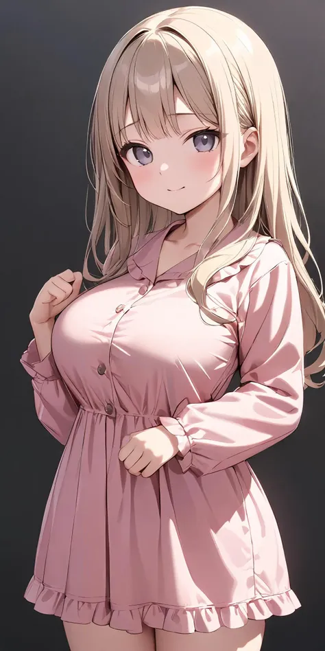 masterpiece,ultra-detailed,best quality,8K,illustration,cute face,clean skin ,shiny hair,girl,simple background, cowboy shot,dress
 <lora:add-detail-xl:1>  <lora:lkp_XL_V1.0:1.2> lkp, breasts <lora:pajamas_XL_V1.0:1> jyojifuku, pajamas