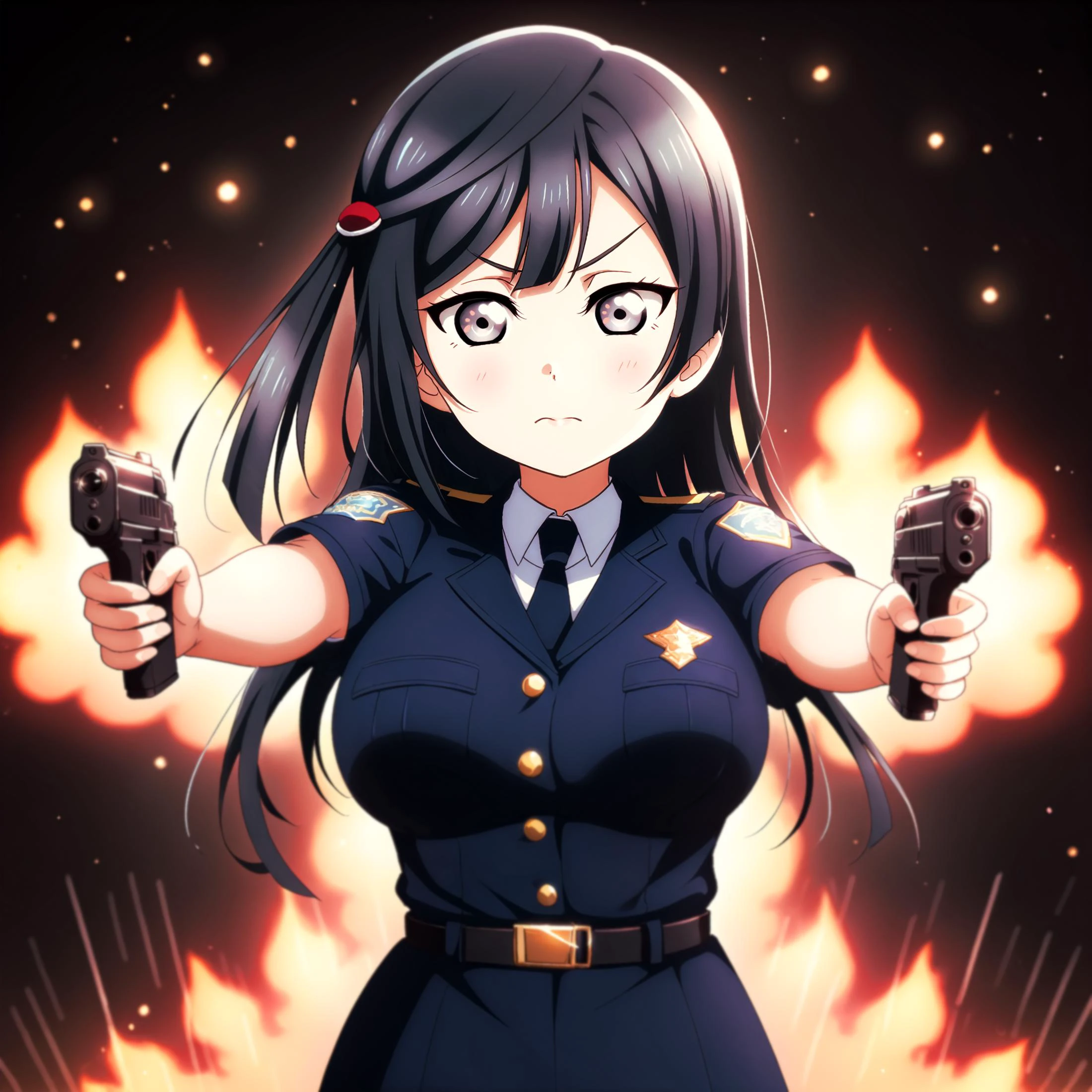 <lora:Koto-Umi-Riko-Shizu-Setsu-LLAS-LyCORIS-AnimagineXLV31-V5:0.85> <lora:lkp_XL_V1.0:1.2:1:lbw=MIDD26:stop=28> <lora:add-detail-xl:2> <lora:Pony_Weapon_Pistol_-_By_HailoKnight:1:1:lbw=OUT3456:stop=28>
1girl, looking at viewer, upper body BREAK
(setsuna-llas:1.3) BREAK
big pupils, (lkp, large breasts), serious BREAK
(police uniform, policewoman:1.2) BREAK
(aiming pistol against the camera:1.4) BREAK
(fire, fire particles, aura:1.8), power wave, black background, simple background BREAK
(masterpiece, absurdres, very aesthetic:1.2), best quality, newest, perfect anatomy, perfect lighting, cinematic light, light particles, (depth of field, motion blur, motion lines:1.8)