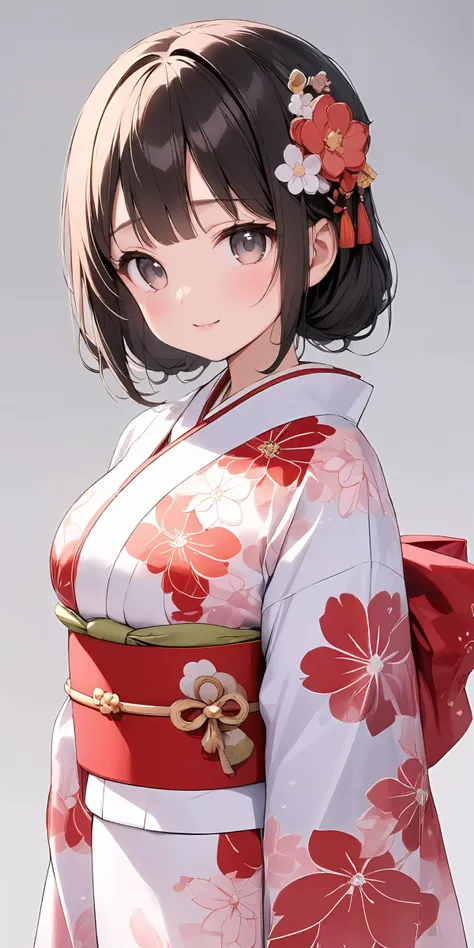 masterpiece,ultra-detailed,best quality,8K,illustration,cute face,clean skin ,shiny hair,petite girl,simple background, cowboy shot,
 <lora:add-detail-xl:1>  <lora:lkp_XL_V1.0:1> lkp, breasts <lora:furisode_XL_V1.0:0.6> jyojifuku, furisode, kimono, hair ornament, wide sleeves