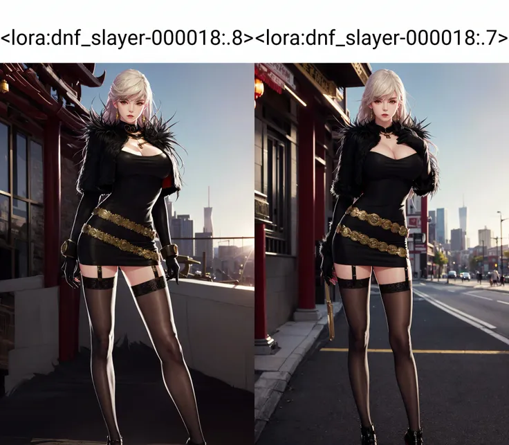 (8k, RAW photo, best quality, masterpiece:1.2), (realistic, photo-realistic:1.37),\(ulzzang-6500-v1.1\),\(detailed eyes\), \(detailed facial features\), \(\(detailed clothes features\)\), (full body),(large breasts,cleavage),(face focus),extremely detailed CG unity 8k wallpaper, huge filesize, ultra-detailed, highres, absurdres,beautiful eyes,ray tracing, dramatic shadows,fine detail,dramatic angle,high saturation,lens flare,dramatic,god rays,silk,hyperrealistic,
outdoors,cityscape,(city),building, road,
standing,looking at viewer,
(china dress:1.3),(highleg dress,side slit), (long dress),
thighhighs, gloves, garter straps, black gloves, belt, fur trim, cropped jacket,black dress, scabbard, lips, black footwear,
1girl, solo,light blush, <lora:dnf_slayer-000018:.8>