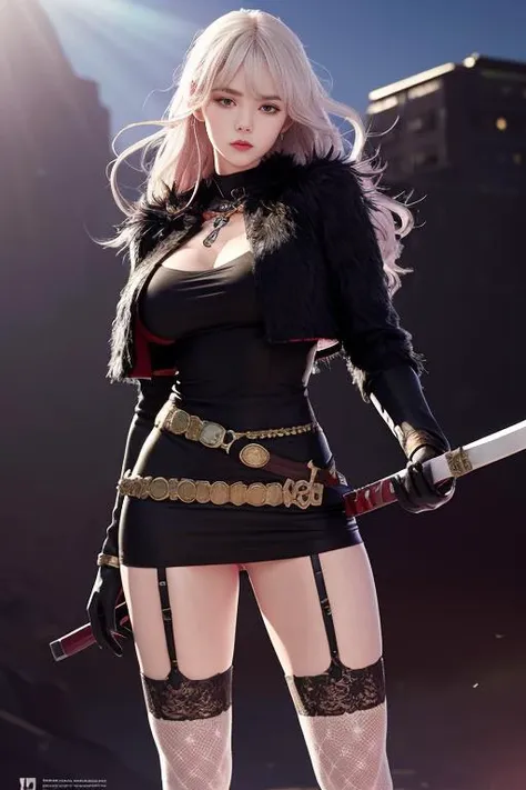 (8k, RAW photo, best quality, masterpiece:1.2), (realistic, photo-realistic:1.37),\(ulzzang-6500-v1.1\),\(detailed eyes\), \(detailed facial features\), \(\(detailed clothes features\)\), (full body),(large breasts,cleavage),(face focus),extremely detailed CG unity 8k wallpaper, huge filesize, ultra-detailed, highres, absurdres,beautiful eyes,ray tracing, dramatic shadows,fine detail,dramatic angle,high saturation,lens flare,dramatic,god rays,silk,hyperrealistic,
outdoors,cityscape,(city),building, road,
standing,looking at viewer,
thighhighs, weapon, sword, long hair, gloves, checkered background, jewelry, sheath, garter straps, black gloves, belt, white thighhighs, boots, necklace, fur trim, sheathed, dress, short dress, red eyes, jacket, cropped jacket, black dress, holding, scabbard, lips, katana, black footwear,
1girl, solo,light blush, <lora:dnf_slayer-000018:.6>