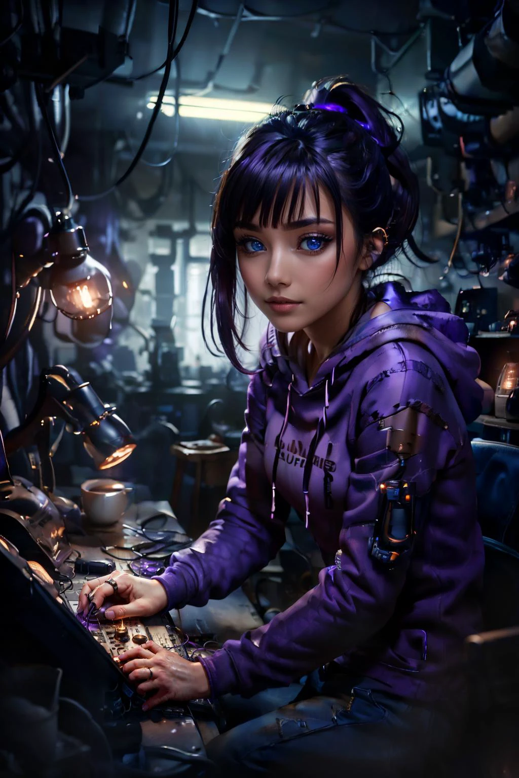 ultra detailed abstract close-up photography of a pale girl, sitting at a desk, silver ponytail with strands hair, (masterpiece), realistic, cinematic light, (remarkable detailed purple pupils:1.3), perfect anatomy,(solo:1.2),
small breasts, (hoody and pants:1.3),
BREAK a dark gloomy server room doing maintenance, (loose cables:1.2), (sparks:1.2), messy, (coffee mug:1.2), (flickering screens:1.1), microphone, glowing keyboard,(nixie clock:1.2), nice hands, detailed hands,
luminism, 4k resolution, Soft Lighting, Photographic Realism, 3d rendering, octane rendering, full sharp,
<lyco:DonMn1ghtm4re-000015:1.0>