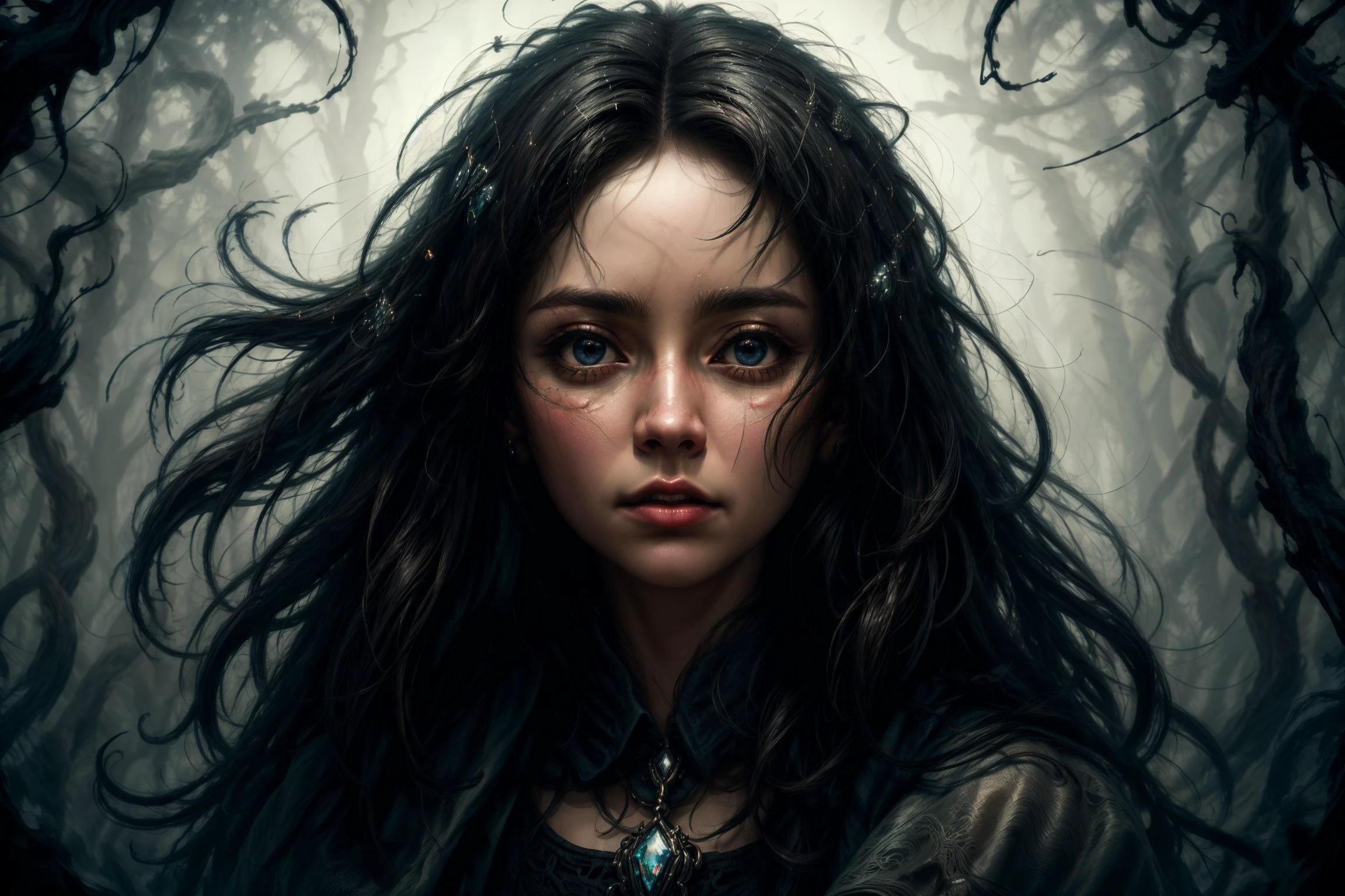 (best quality, masterpiece:1.2), photorealistic, ultra high res, front lighting, intricate detail, Exquisite details and textures, face highlight, (detailed skin:1), absurdres, (beautifully detailed face), cinematic lighting, dynamic angle, cinematic pose,
short wispy hair, windy,
reflective, energetic pose,
flowing coat,
haunted forest, corruption, abstract, tentacles, wrapped,
metal ornaments, reflective, slg,
<lyco:DonMn1ghtm4reV2-000017:0.7> <lora:slg_v11:0.7>