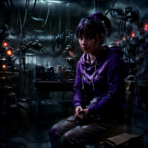 ultra detailed abstract close-up photography of a pale girl, sitting at a desk, silver ponytail with strands hair, (masterpiece), realistic, cinematic light, (remarkable detailed purple pupils:1.3), perfect anatomy,(solo:1.2),
small breasts, (hoody and pants:1.3),
BREAK a dark gloomy server room doing maintenance, (loose cables:1.2), (sparks:1.2), messy, (coffee mug:1.2), (flickering screens:1.1), microphone, glowing keyboard,(nixie clock:1.2), nice hands, detailed hands,
luminism, 4k resolution, Soft Lighting, Photographic Realism, 3d rendering, octane rendering, full sharp,
<lora:M1y4-000017:1.0>, <lyco:DonMn1ghtm4re-000015:1.0>