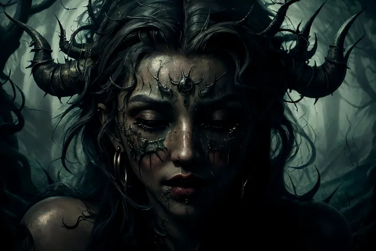 (best quality, masterpiece:1.2), photorealistic, ultra high res, intricate detail, Exquisite details and textures, absurdres, cinematic lighting, dynamic angle, (beautifully detailed face),
mouth open, eyes closed,
zombie, torn flesh, rags, dirty hair, dirty skin, decomposing, reflection, thorns, bones,
horror, DonMn1ghtm4re,
metal ornaments, metal ornaments facewear,
<lyco:DonMn1ghtm4reV2-000017:0.7> <lora:Chrometype:0.6>
