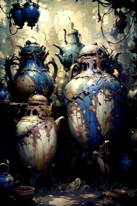 Pottery, detailed, cluttered environment, <lyco:DonMn1ghtm4reV2-000017:1.0>