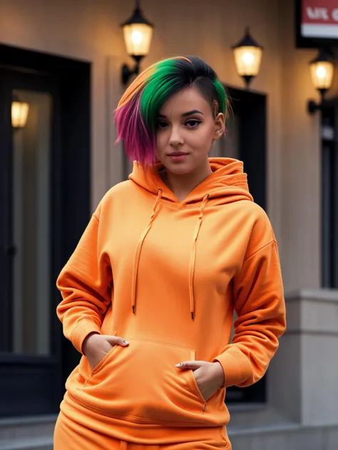 <lora:Judy:0.7> a girl, (orange hoodie:1.3), green and pink hair, (night city:1.2), amazing body