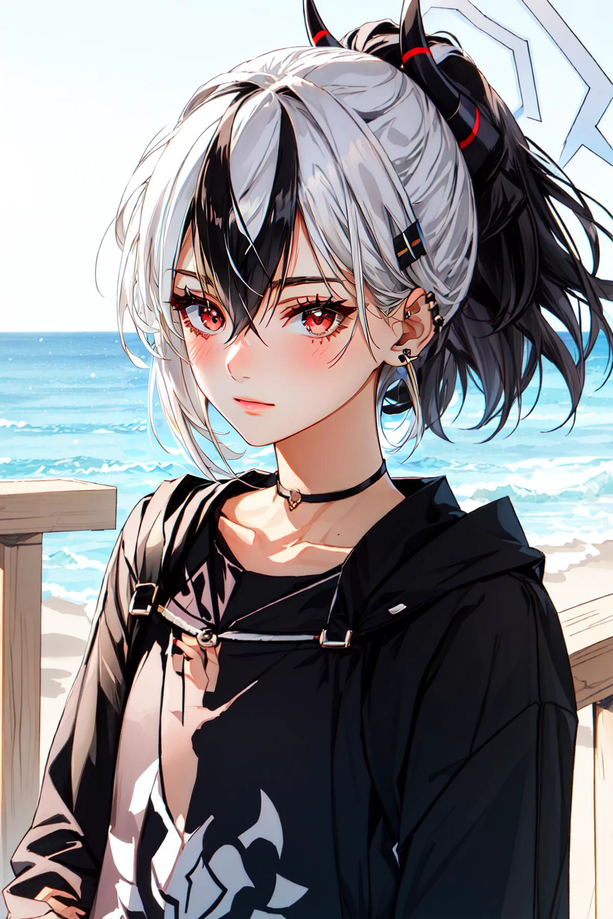 (masterpiece, best quality), intricate details,
1girl, <lora:kayoko_bluearchive:0.8> kayoko_bluearchive, black_hair, multicolored_hair, white_hair, horns, two-tone_hair, red_eyes, bangs, halo, piercing, hair_between_eyes, ear_piercing, closed_mouth, ponytail, blush, earclip, long_hair,
<lora:edgDeLaF:1> edgdlf, wearing edgdlf , slender figure,