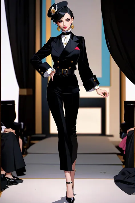 ((Masterpiece, best quality)),edgQuality,(thepit bimbo,glossy)
edgdlf,slender figure, a woman in a skirt suit and a hat on a runway ,wearing edgdlf <lora:edgDeLaFressange:1>