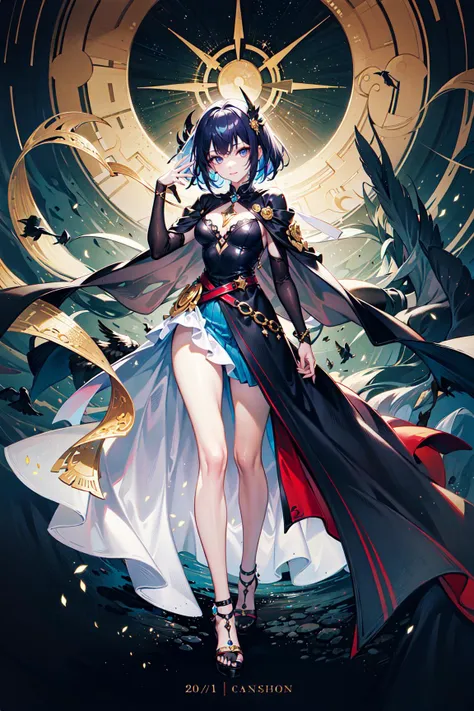 (((masterpiece))), (((best quality))), ((ultra-detailed)), (illustration), (detailed light), ((an extremely delicate and beautiful)), (beautiful detailed eyes), 1gril, blue eye, purple hair, devil smile, cute smile, devil eye, white long one-piece, flutter black cloak, (split-color hair:1.2), many ruxury jewels, gold magic, glitter magic, detail face, cinematic angle, beatyfull seen, extend one's hand pose, big head, golden magic wind blows, a crow flies, grand atmosphere, full body, more_details:-1, more_details:0, more_details:0.5, more_details:1, more_details:1.5