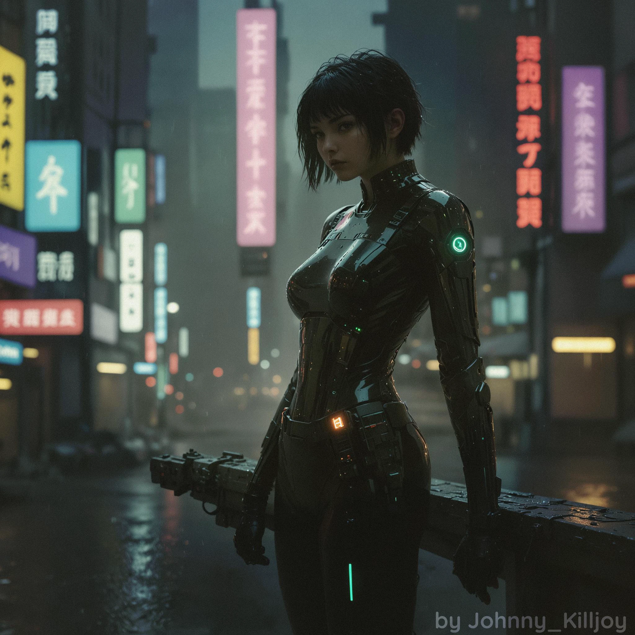 Fine art photography style, underexposed silhouette of a Cyberpunk woman, environmental light, Blade Runner / Ghost in the Shell inspired, ultra detailed, photorealistic, neon lights, (young woman), slim body, athletic build, determined expression, (short hair), (futuristic asymmetric haircut), (neural interface ports on temples), (black form-fitting bodysuit), ((neon glowing patterns on suit)), (armored plates), (fingerless gloves), (utility belt with hi-tech gadgets), (holding futuristic shotgun), (standing on ledge), (dark gritty cyberpunk megacity in background), towering skyscrapers, (holographic advertisements), (flying vehicles), (rain), (neon signs in Japanese and English), (cables and wires everywhere), Unreal Engine, Octane Render, 8k, ultra-detailed, photorealism, cinematic composition <lora:SDXL\Desolation:0.2>, <lora:SDXL\RMSDXL_Creative:0.5>, <lora:SDXL\sd_xl_dpo_lora_v1:1>, <lora:SDXL\MJ52:0.6>, <lora:SDXL\WildcardX-XL-Detail-Enhancer:1>, embedding:OverallDetail, <lora:SDXL\EnvyBetterHiresFixXL01:1.0>, <lora:SDXL\HoloPunkXL:0.4>, <lora:SDXL\Niji_pastel_style-000006:0.5>, <lora:SDXL\Fine art photography style:0.5>,