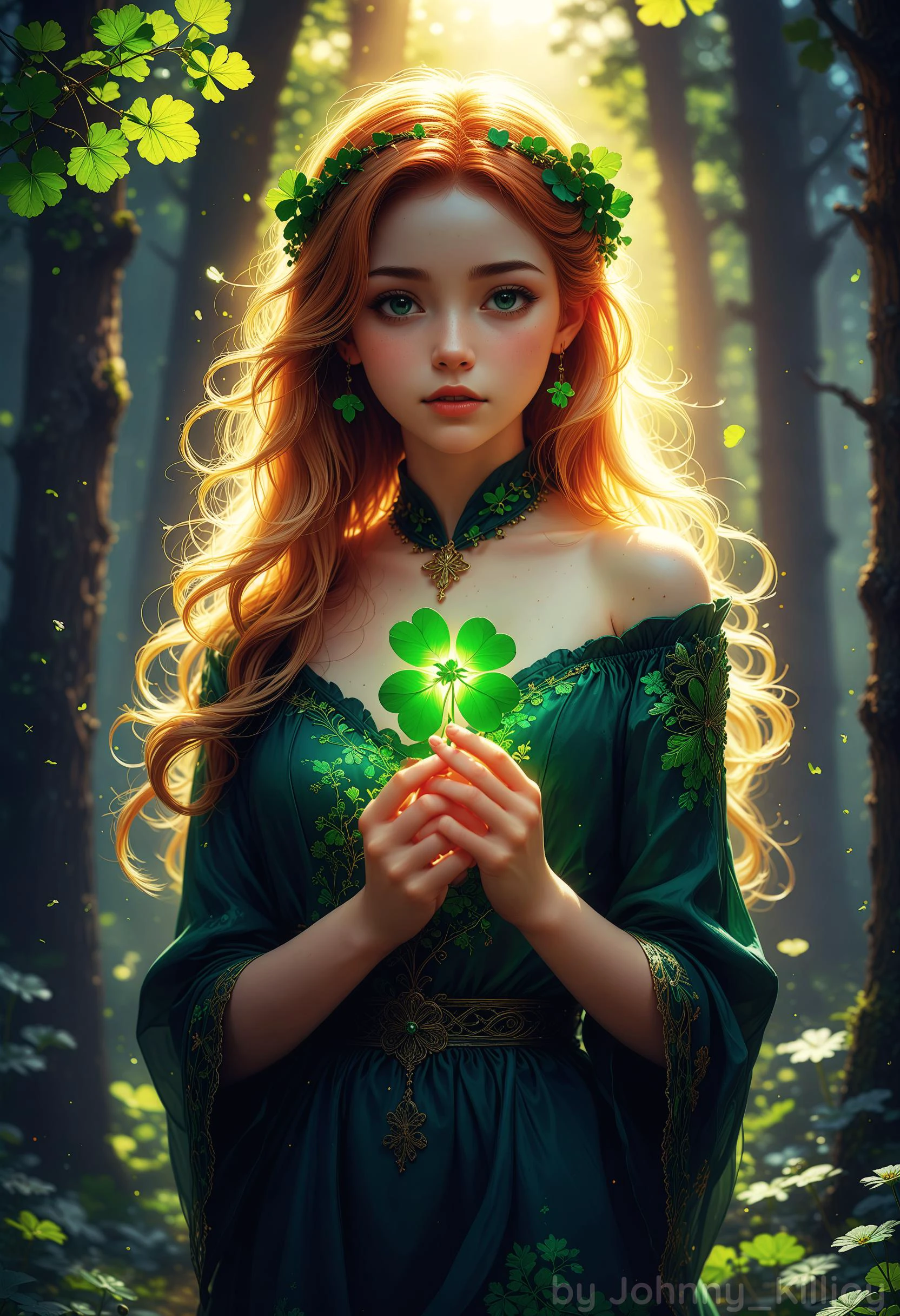 digital art, anime art, st.Patrick day poster, beautiful irish fairy woman holding green four leaf clover in hands, fabulous night forest, by Greg Rutkowski, elegant, magical radiance, concept art, fractal, colorful, Elemental Might, Dark Fantasy, Gouache, Calligraphy, Ink, Vibrant Color Palette, highly detailed, <lora:SDXL\MJ52:0.6>, <lora:SDXL\RMSDXL_Creative:0.3>, <lora:SDXL\EnvyBetterHiresFixXL01:0.3>, <lora:SDXL\xl_more_art-full_v1:0.3, <lora:SDXL\sd_xl_dpo_lora_v1:0.2>, <lora:SDXL\WildcardX-XL-Detail-Enhancer:0.2>,