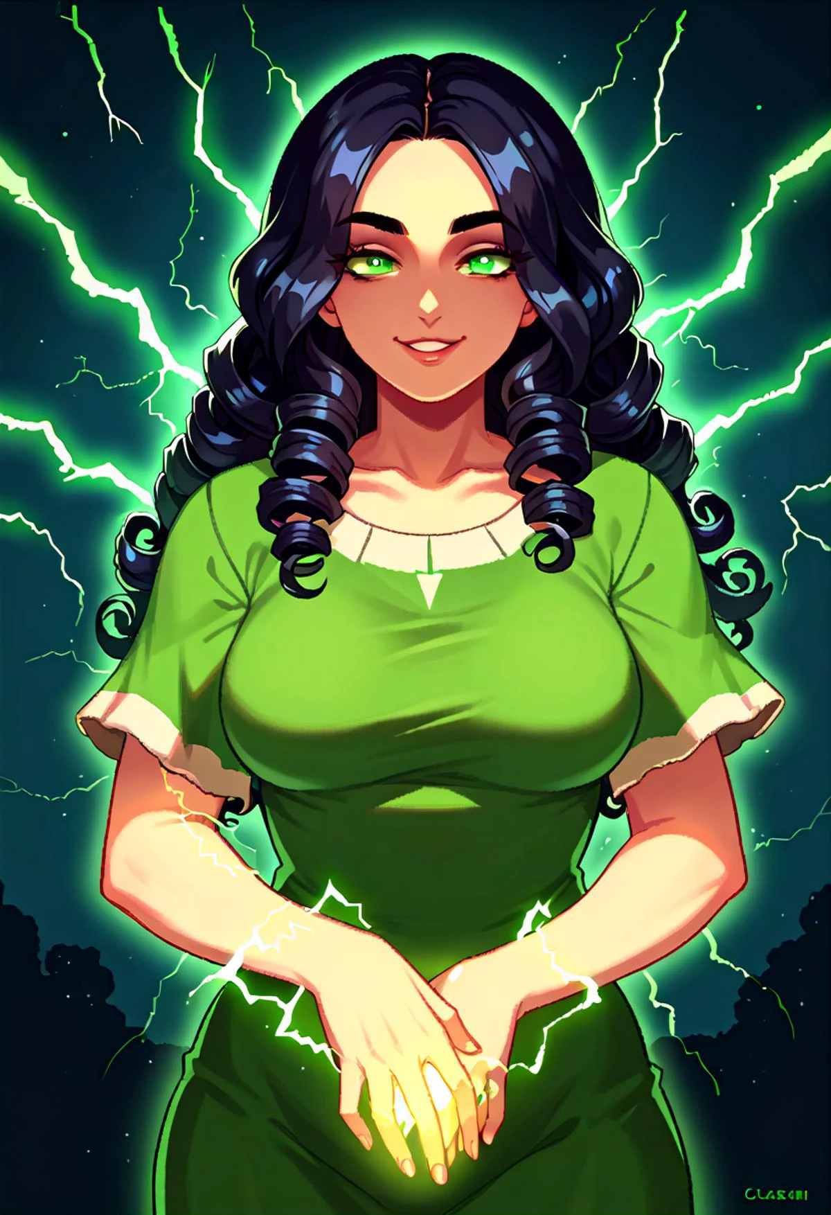 score_9, score_8_up, score_7_up, score_6_up, source_anime, rating_safe, BREAK (curly hair), long hair, (black hair), mature female, (parted hair:1.7), (round face), (no_bangs:1.3), (no_fringe:1.6), <lora:ETO_OC_XL:0.7>, looking at viewer, (thick eyebrows:0.9), (plump:0.9), round-chin, (dark olive green eyes), breasts, caucasian, down-turned eyes, (forehead:0.65), smile, seductive, <lora:lighting_thunderxl:0.8> lighting_thunder, lightning, electricity, glowing, fighting stance,