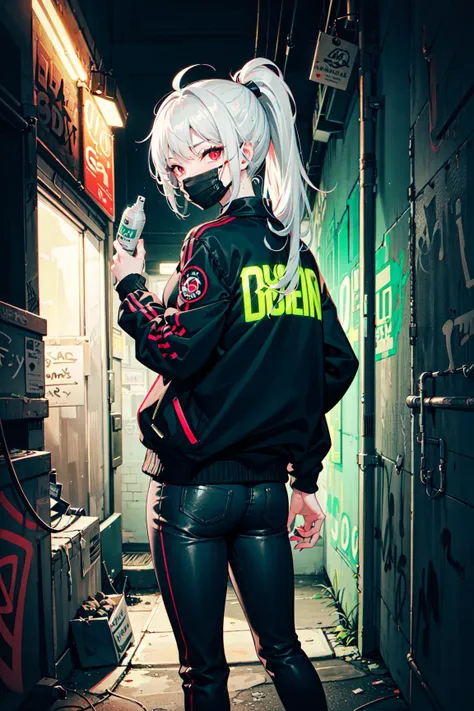 dim lighting, (neon green graffiti:1.2), alleyway, graffiti on wall, city, looking at viewer,
1girl, mature female, (white hair), high ponytail, standing, from behind, holding, holding spraycans, surgical mask, pale skin, (red eyes:1.3), looking at viewer, (winking:1.2),
black jacket, black shirt, black pants,