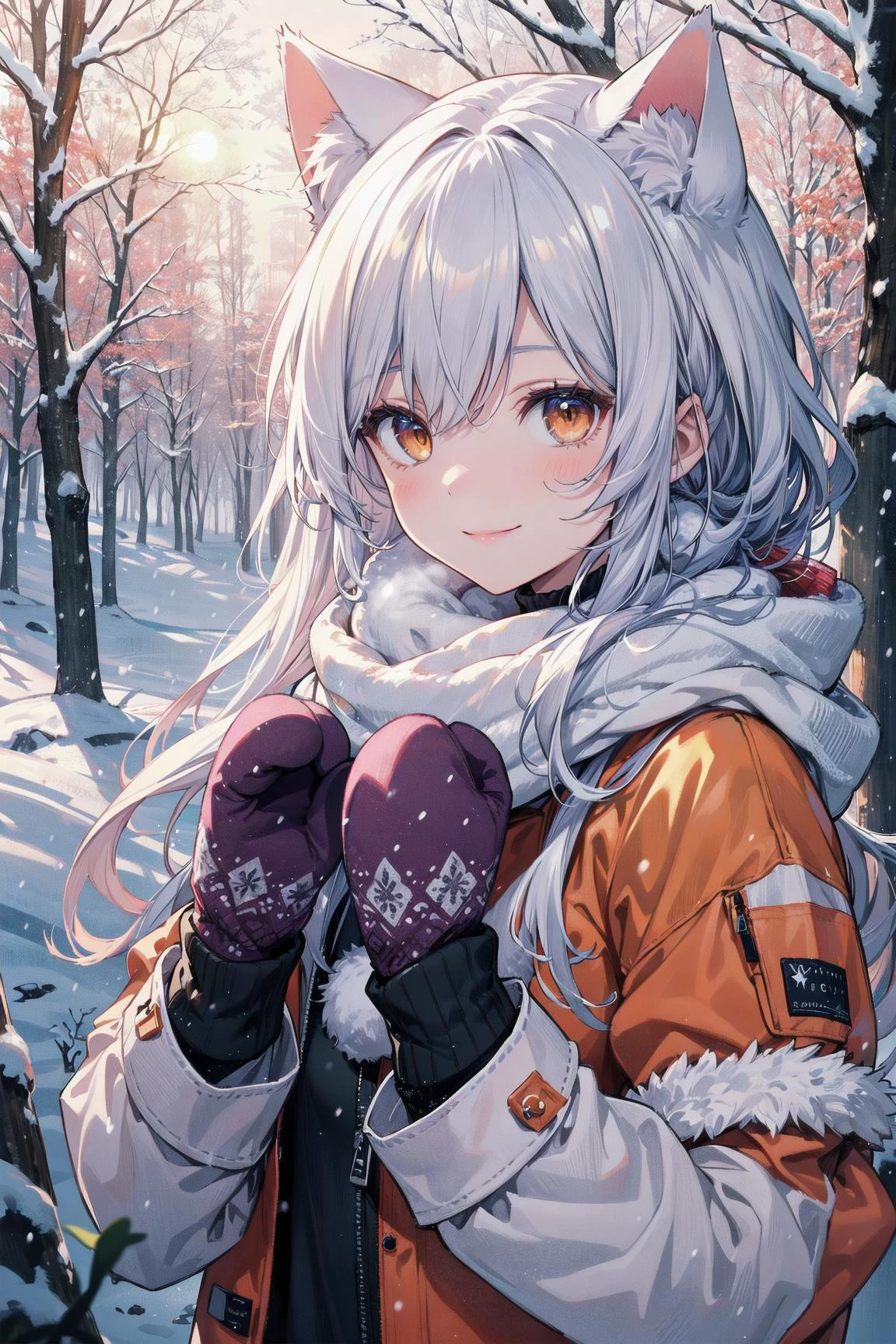 (best quality:1.05), 1girl, winter clothes, detailed clothes, high quality winter clothes, intricate detail, mittens, smiling, cold, forest village, snow, snowing, sun rays, shining, dawn, setting sun, cat ears, orange eyes, white winter jacket, dynamic lighting, intricate detail,