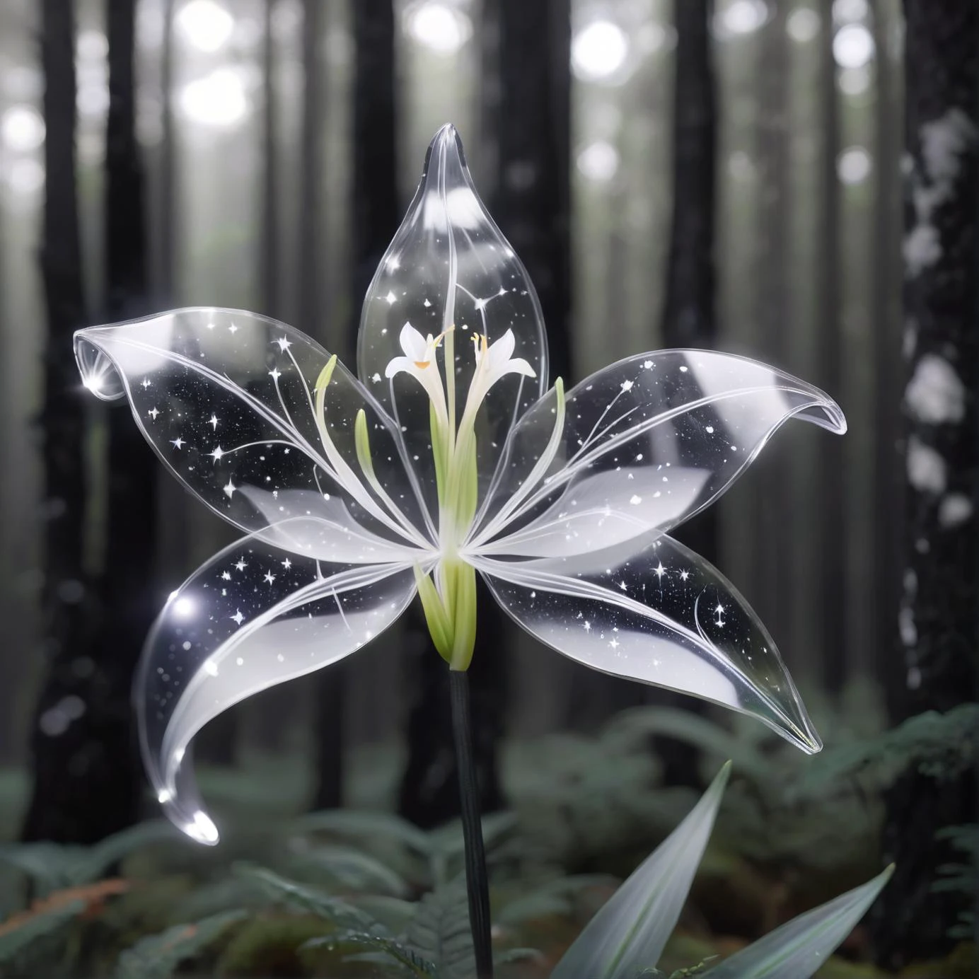 c0nst3llation, a transparent crystal lily made out of constellation style and signs with stars, bokeh black and white forest backdrop <lora:sdxl\c0nst3llation> <lora:sdxl\xl_more_art-full_v1:0.4>