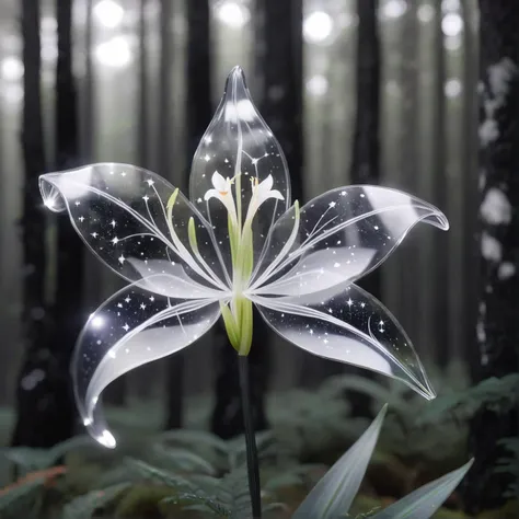 c0nst3llation, a transparent crystal lily made out of constellation style and signs with stars, bokeh black and white forest backdrop  <lora:sdxl\c0nst3llation> <lora:sdxl\xl_more_art-full_v1:0.4>